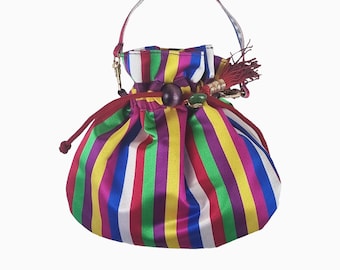 Saekdong Bokjumeoni Korean Mini Tote, Traditional Multicolored Lucky Pouch with Norigae Charm, Hanbok Bag, New Year Chuseok Gift