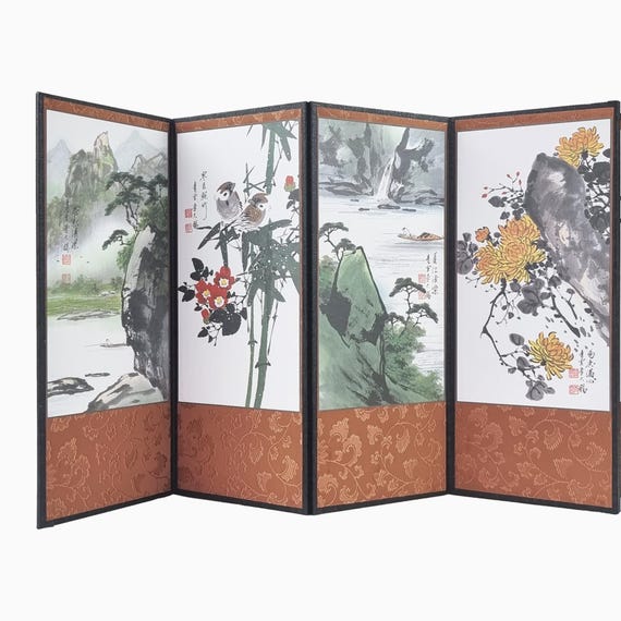 五君子屏風、韓国四君子梅蘭竹画、山水八曲屏風、卓上山水画 - Etsy 日本