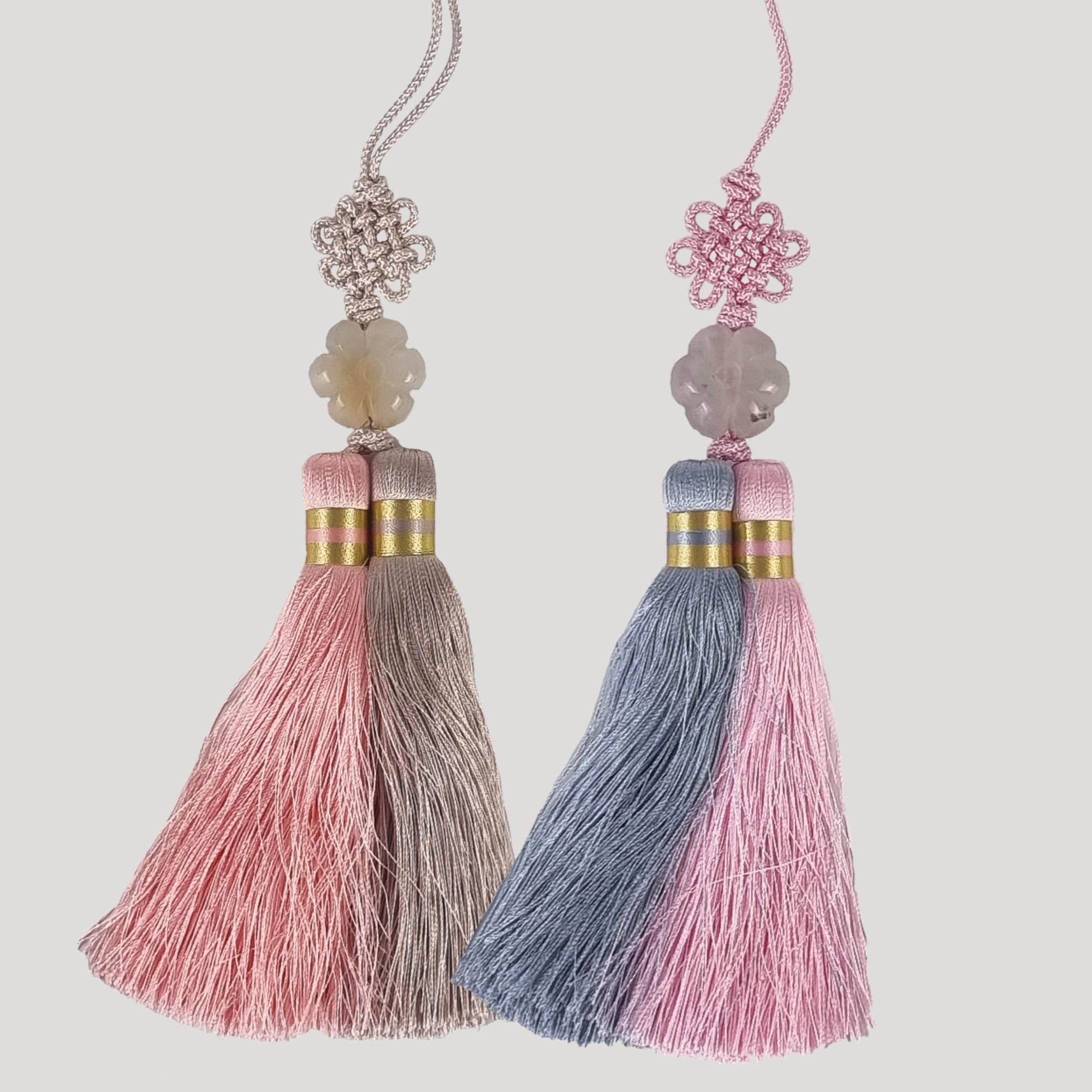 Chrysanthemum Jade Korean Norigae, Two Strand Tassel Hanbok Charm