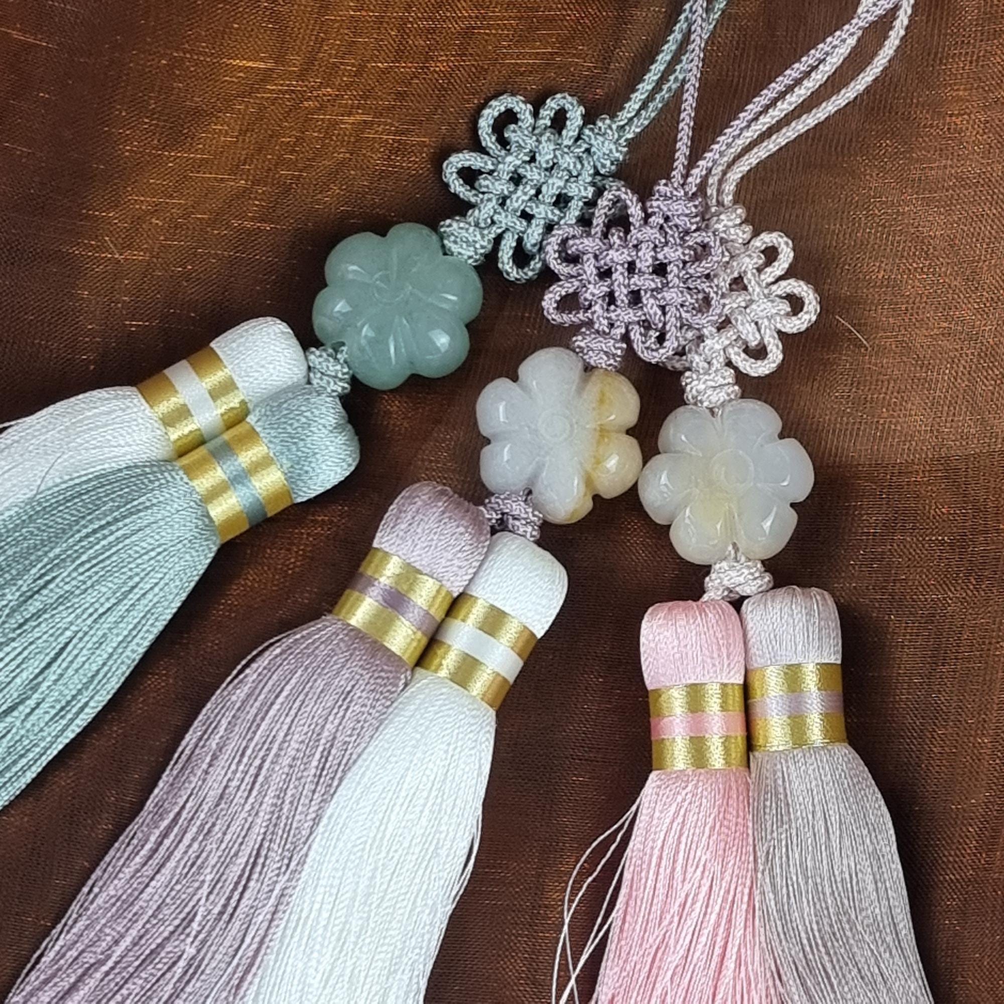 Chrysanthemum Jade Korean Norigae, Two Strand Tassel Hanbok Charm