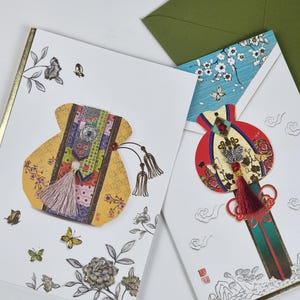 Conjunto de 6 cartões comemorativos coreanos com estampa de bolsa da sorte, conjunto de 6 cartões Bokjumeoni de folha metálica premium com envelopes