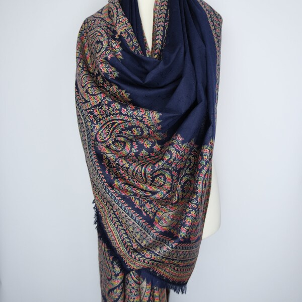 Handloom Cashmere Pashmina Kani Embroidered Shawl, Soft and Warm, Elegant Scarf Women Blue