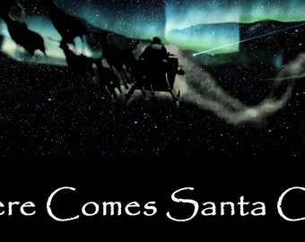 De kerstman rijdt naar binnen op de aurora borealis. Een kerstvideo-intro voor Zoom/Obs-productie of live.