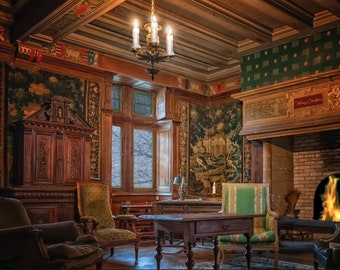 Geanimeerde zoom Elligent woonkamer met geanimeerde open haard, kaarsen, boom en sneeuwval.