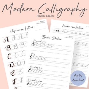 Kalligraphie Praxisblätter | Pinsel Schriftzug | Grundlegende Striche | Großbuchstaben | Kleinbuchstaben | Arbeitsblätter