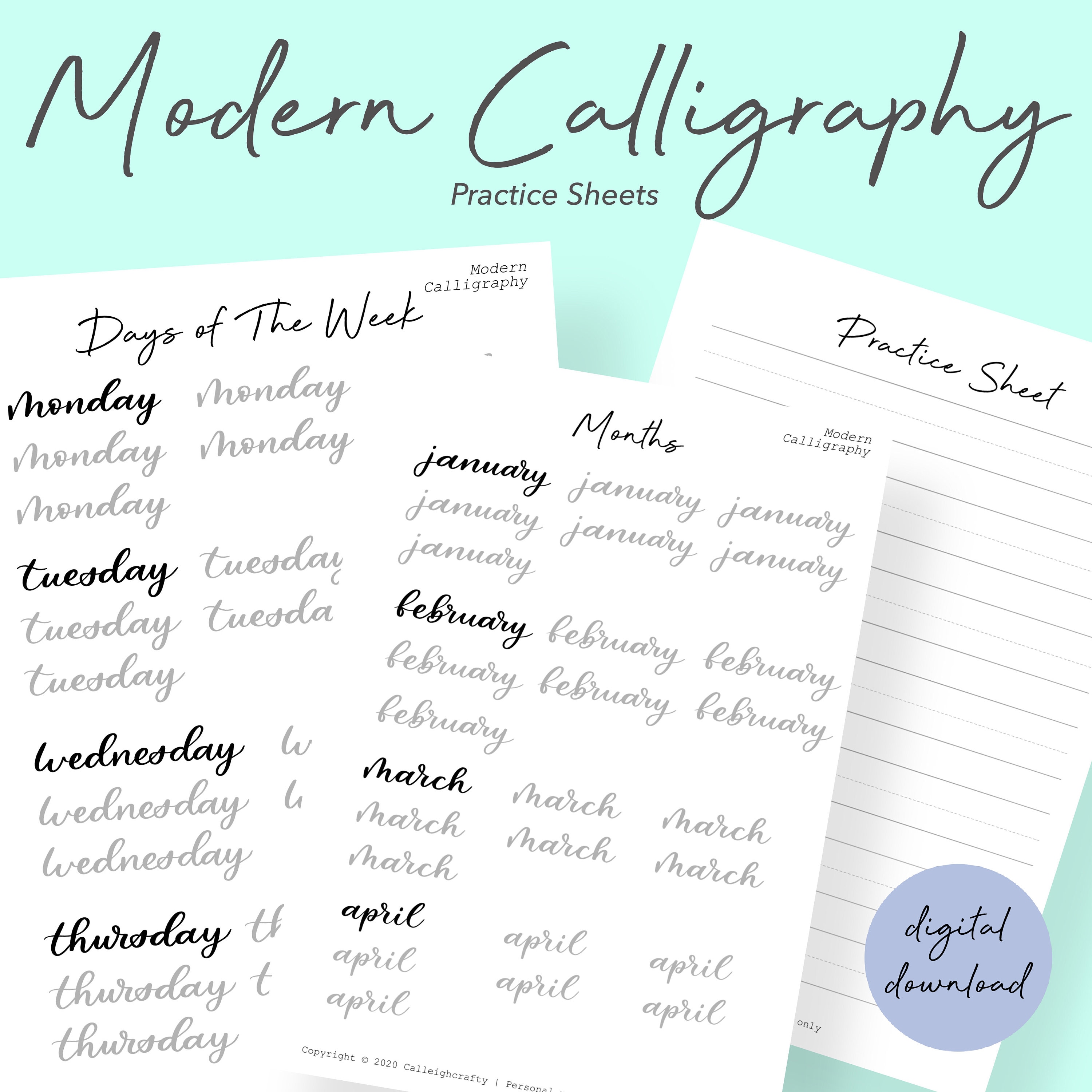 BUJO Months Days of the Week Practice Sheets Brush Lettering ...