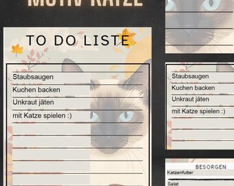 Cat to-do list, daily planner, weekly planner, German, fillable or printable, organizer, set of 3, A4 digital download, Siamese cats