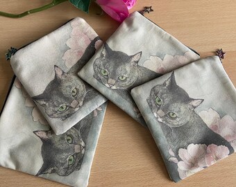 Cosmetic bag, cat bag, grey cat, cat lover, NEW, gift idea, wallet, coin purse, organizer