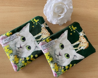 Cosmetic bag, funny cat motif, white cat with deer and stars, gift idea, NEW, wallet, organizer, coin purse