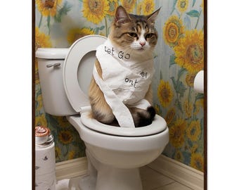 Vincent van Gogh Sunflower Wall Art Cat Bathroom Picture Toilet Let go | Funny Cat, Art with Wooden Frame | Design 2