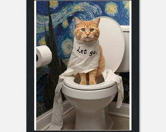 Wall art featuring a cat on the toilet, Vincent van Gogh's Starry Night motif | Funny cat picture | Art with wooden frame | Design 1