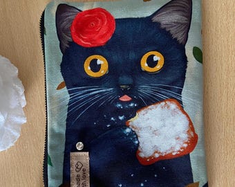 Neceser, divertido estampado de gato, gato negro con rosa, idea de regalo, NUEVO, cartera, organizador, monedero