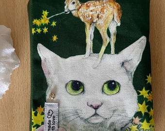 Neceser, divertido estampado de gato, gato blanco con ciervo y estrellas, idea de regalo, NUEVO, cartera, organizador, monedero