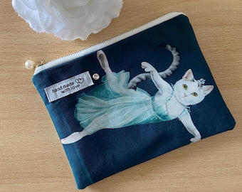 Cosmetic bag, bag with funny cat motif, white cat as a dancer/ballerina, gift idea, NEW, wallet, organizer, coin purse