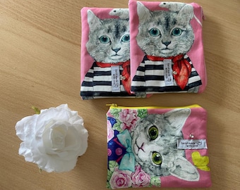 Cosmetic bag, fun cat motif, grey tiger, cat, mouse or butterfly, gift idea, NEW, wallet, organizer, coin purse