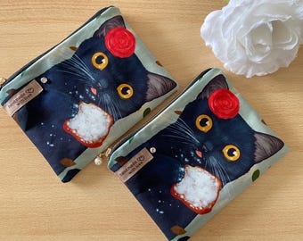 Cosmetic bag, funny cat motif, black cat with rose, gift idea, NEW, wallet, organizer, coin purse