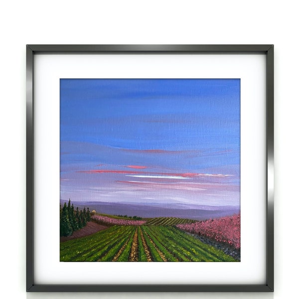 Tableau acrylique sur toile, coloré, rose, violet, bleu, paysage du sud de la France, vignes et montagnes.