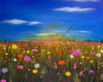 Colourful field of flowers oil painting. Modern painting for bedroom / living room