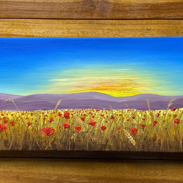 Peinture d’un champ de coquelicots et coucher de soleil