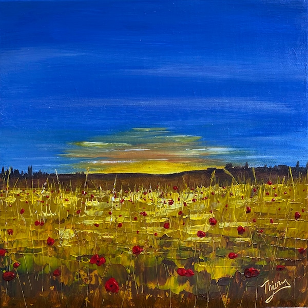 Tableau d'un peinture à l'huile d'un champ de coquelicots au coucher de soleil 30 x 30 cm