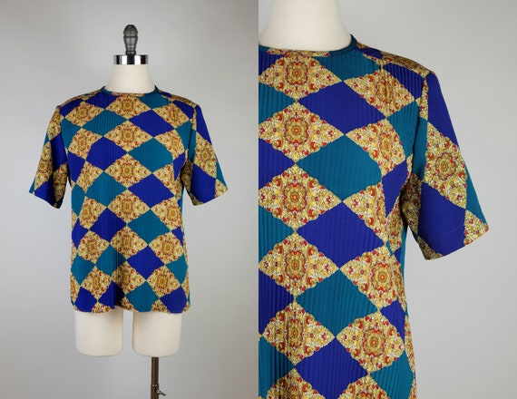 1980s Notations Abstract Argyle Print Short Sleev… - image 1