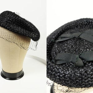 1950s Black Straw Pillbox Bow Hat