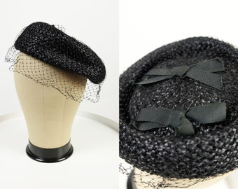 1950s Black Straw Pillbox Bow Hat