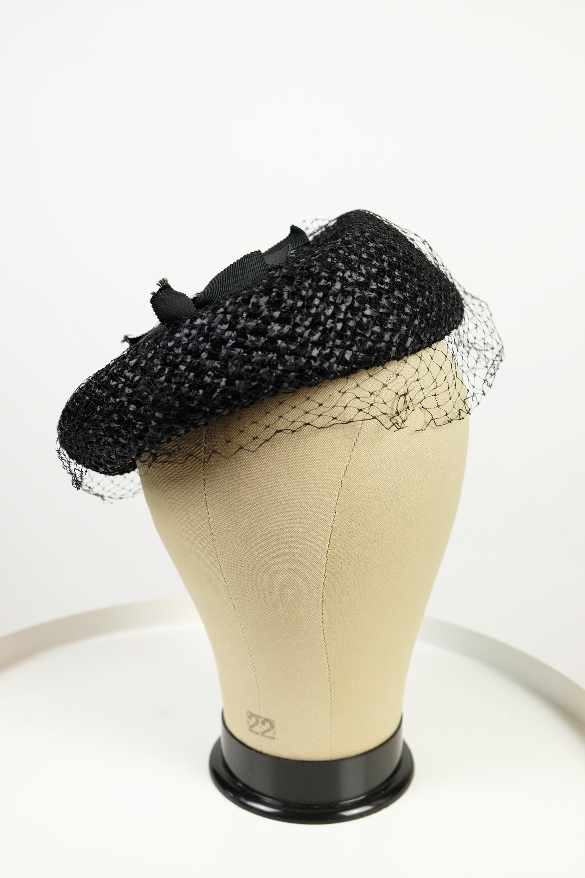 Vintage Black Braided Straw Pillbox Hat with Mint Green Bow – 1950s Original Vintage Straw Toy Tilt Hat, Pillbox Hat, 1940s-50s Hat  main image 4