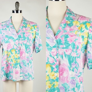 1990er Jahre Saisonkarte Pastell Blumen Button-up Bluse