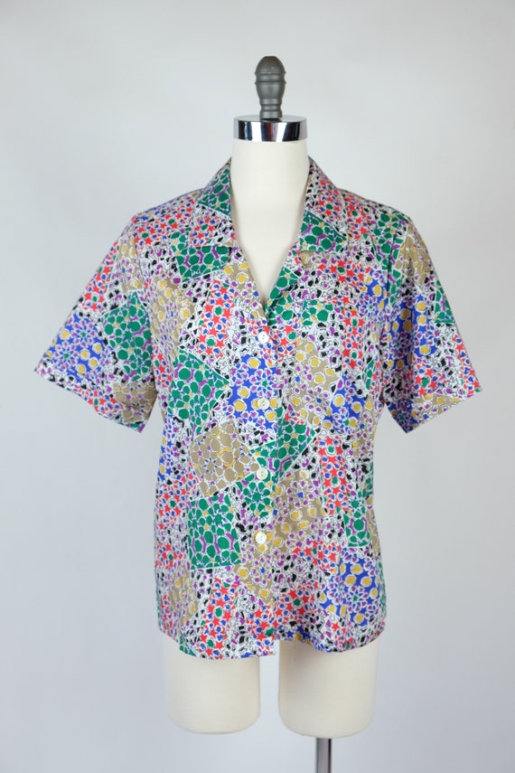 1990s Judy Bond Geometric Patchwork Print Blouse - image 2