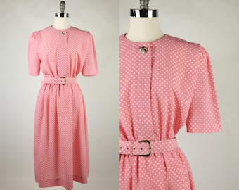 1970s Lady Carol of New York Pink & White Polka Dot Shirtdress