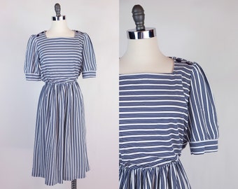 1960s Navy and White Striped Short Sleeve Knit Dress