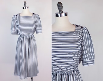 1960s Navy and White Striped Short Sleeve Knit Dress