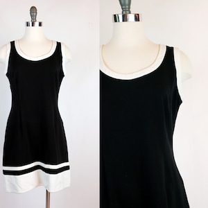 1990s Boston Proper Black and White Sleeveless Dress