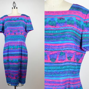 1980s Liz Claiborne Bright Silk Batik Square Neck Dress