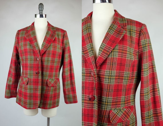 1980s Sag Harbor Red & Olive Green Tartan Blazer