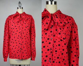 1980s Ms. Bond Red and Black Polka Dot Secretary Bow Blouse