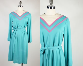1980s IFI Turquoise Stretch Knit Long Sleeve Dress