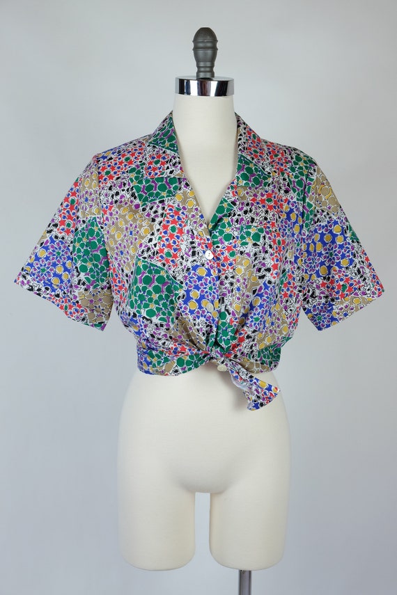 1990s Judy Bond Geometric Patchwork Print Blouse - image 8