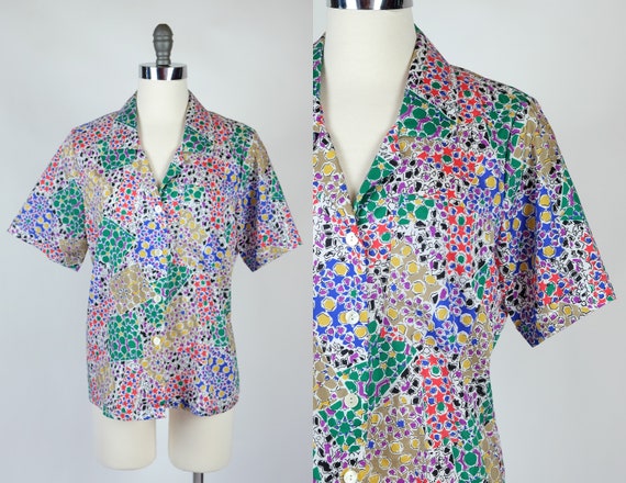 1990s Judy Bond Geometric Patchwork Print Blouse - image 1