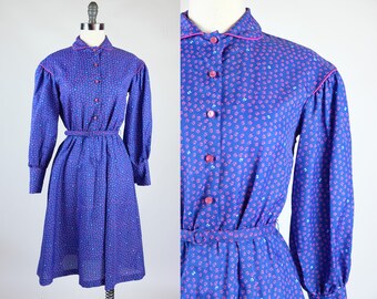 1980s Bedford Fair Blue & Pink Floral Shirtdress