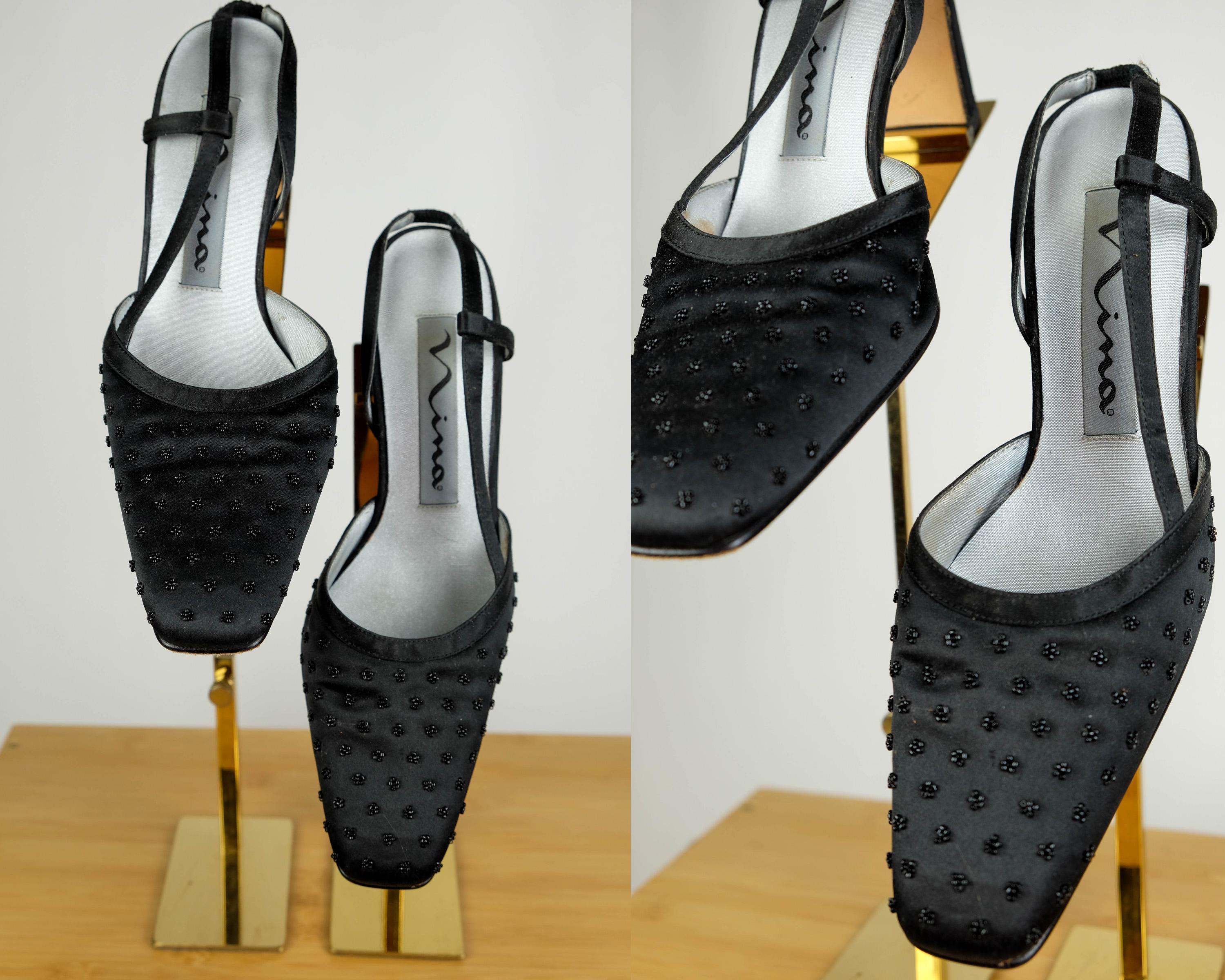 1980s Nina Black Beaded Block Heel Slingback Pump