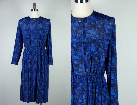 1980s Leslie Fay Deep Blue Abstract Pleated Dress - image 1