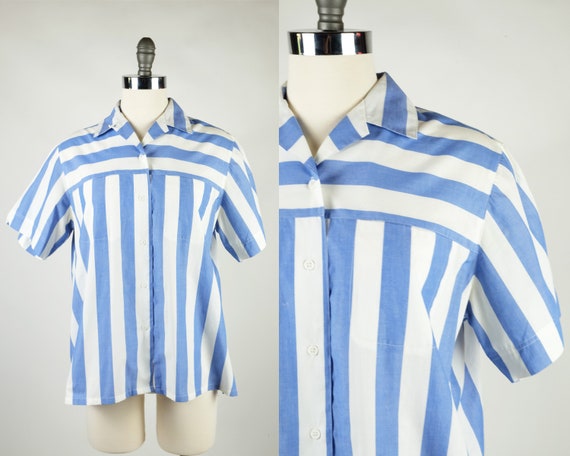 1980s The Fox Collection Blue & White Striped Blo… - image 1