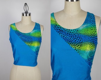 1980s Neon Green and Blue Workout Crop Top