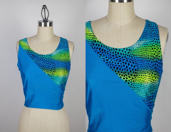 1980s Neon Green and Blue Workout Crop Top - image 1