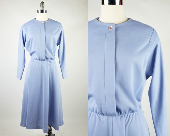 1980s Kay Windsor Pale Blue Knit Long Sleeve Dress 1980s Kay Windsor Pale Blue Knit Long Sleeve Dress