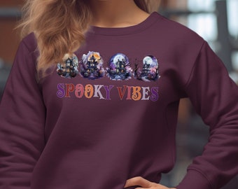 Halloween Sweatshirt, Halloween Spooky Vibes House and Moon Sweater, Cute Fall Sweater, Halloween Party Costume Sweatshirt, Funny Halloween
