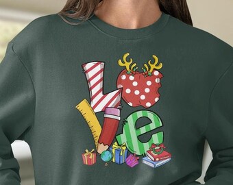 Love Christmas Teacher Sweatshirt, Merry Christmas Teacher Shirt, Christmas Gift for Teacher, Teacher Shirt, Cute Funny Christmas Shirt