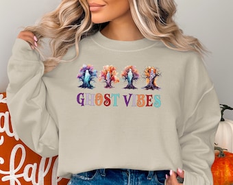 Halloween Sweatshirt, Spooky Tree Ghosts Vibes Sweater, Cute Fall Sweater, Halloween Party Costume Sweatshirt, Funny Halloween Sweater